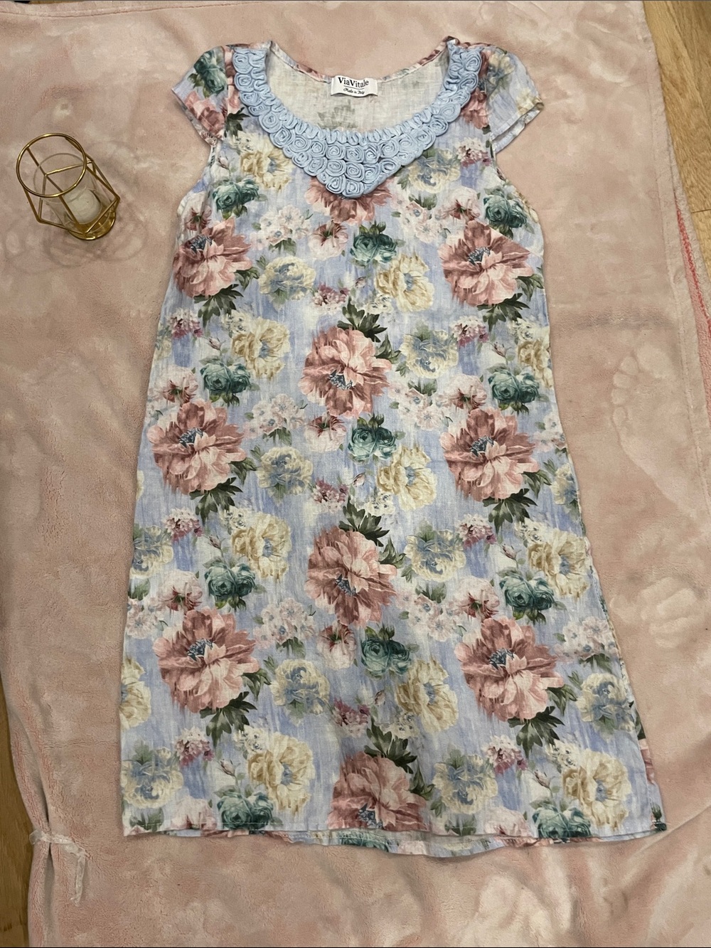 Via Vitale 100% Linen Floral Shift Dress with Rosette Lace Collar - Size Large